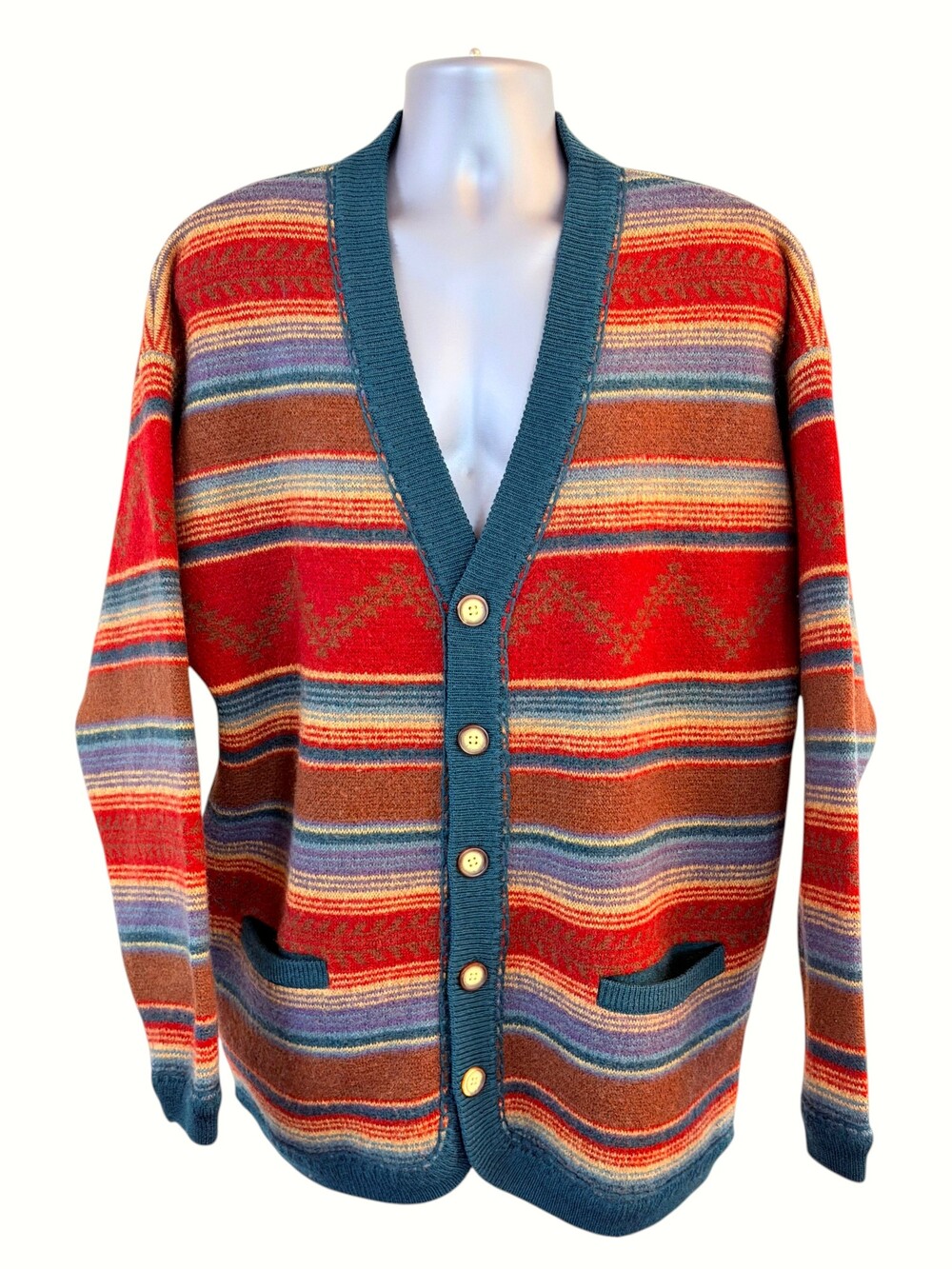 Vintage 90s Structure Men's L 100% Wool Cardigan Southwestern Stripe Hong Kong